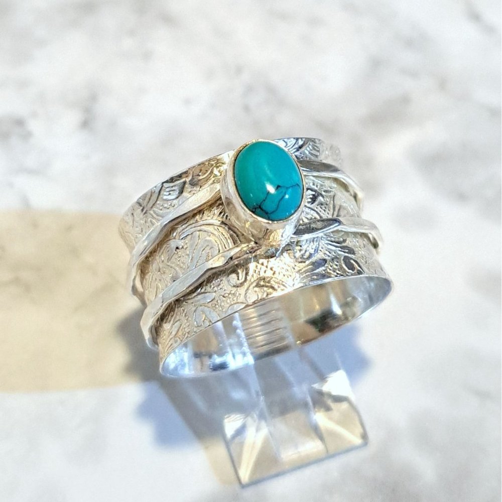 Natural Turquoise Steering Silver Meditation Fidget Spinner Ring - Picture 6 of 13